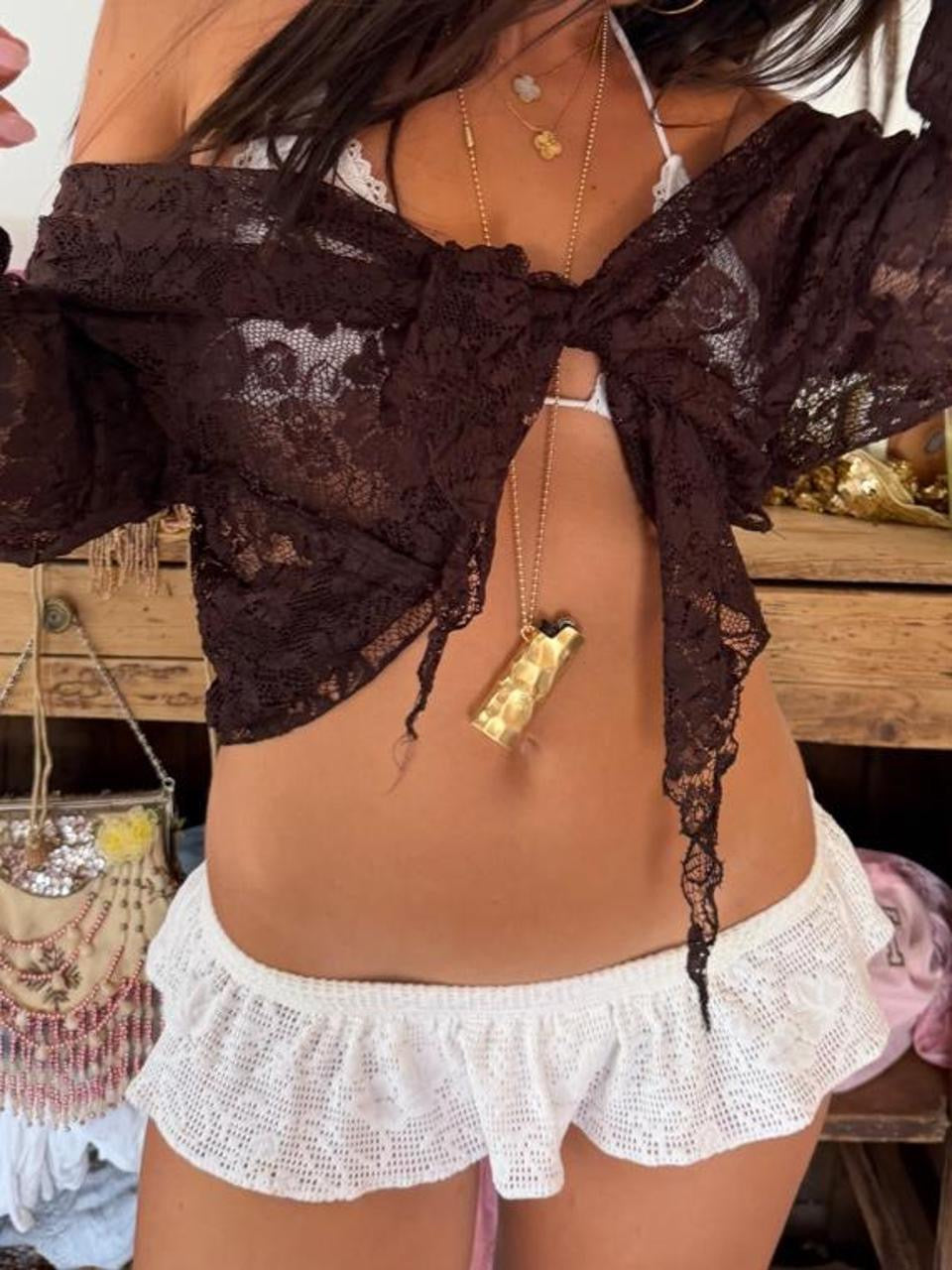 Vintage 00s brown lace long sleeve tie up top