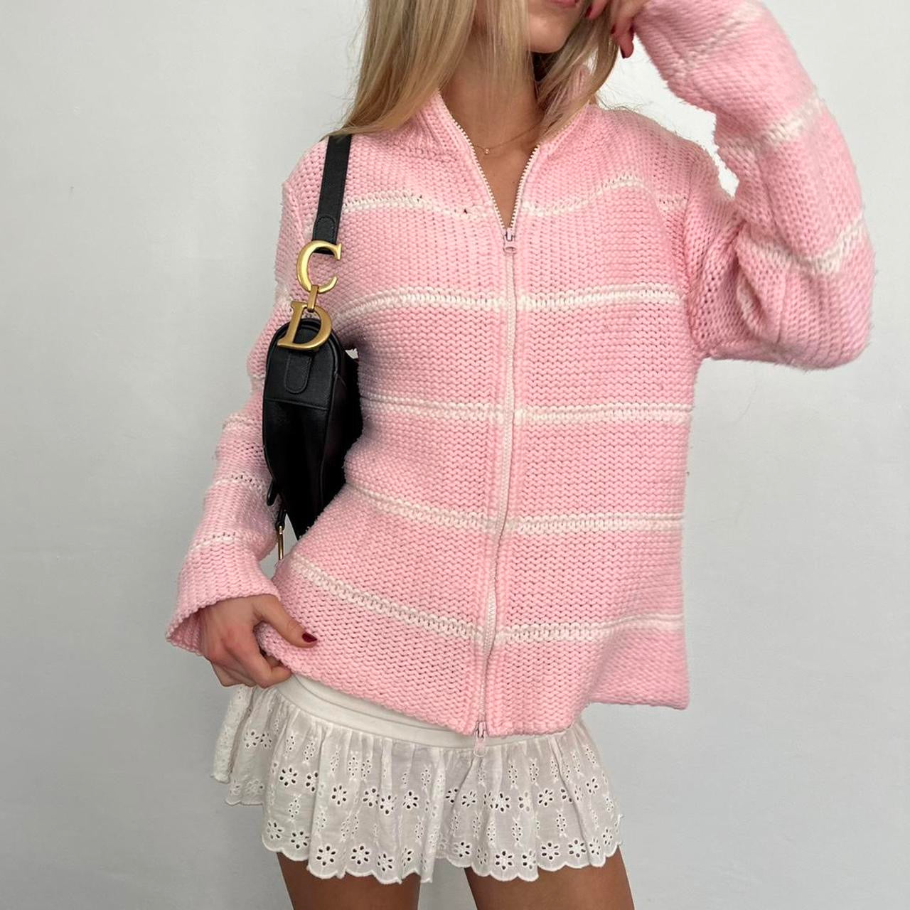 Vintage pink and white striped knitted zip up