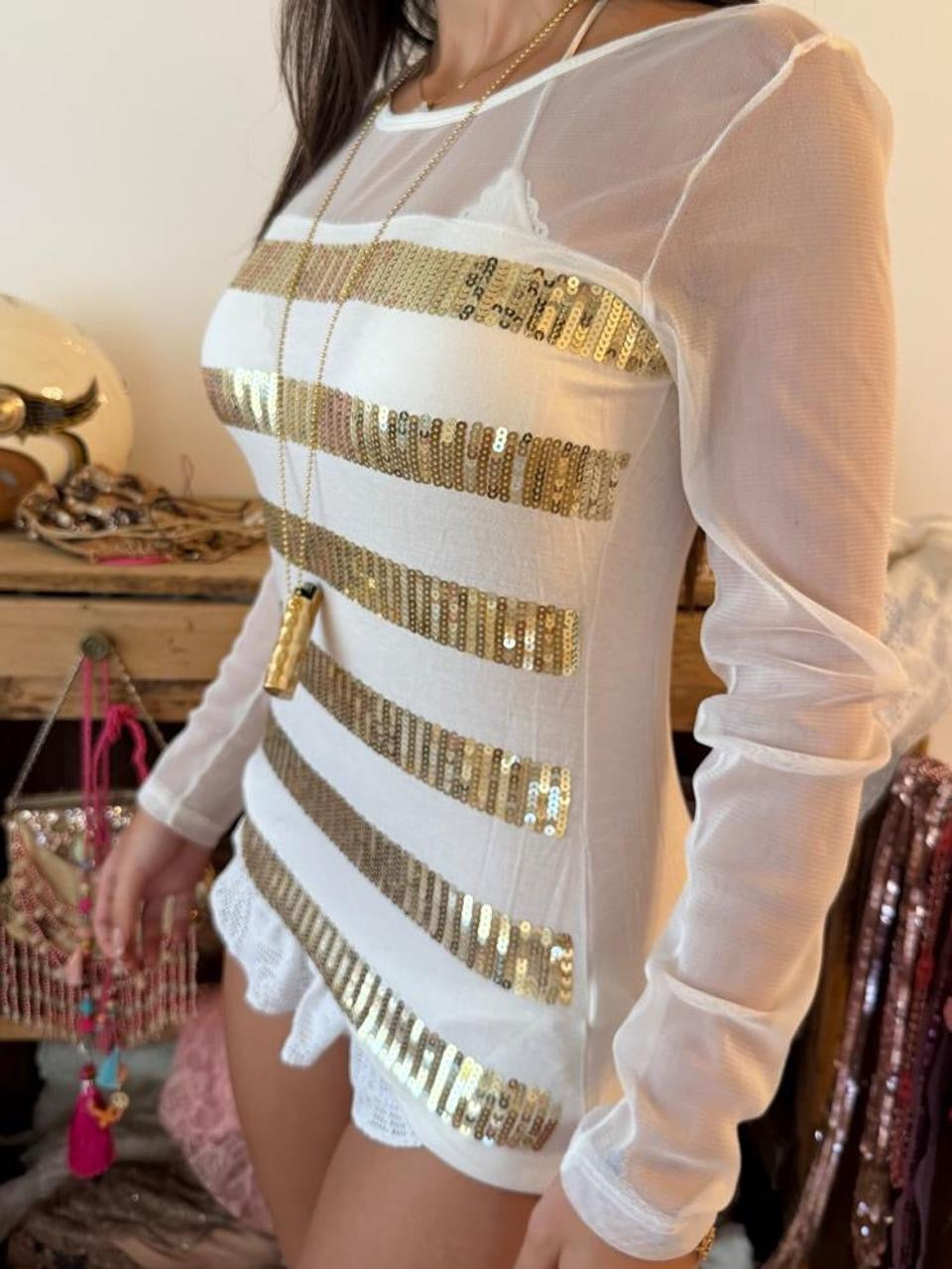 Vintage 00’s white and gold sparkly striped long sleeve top