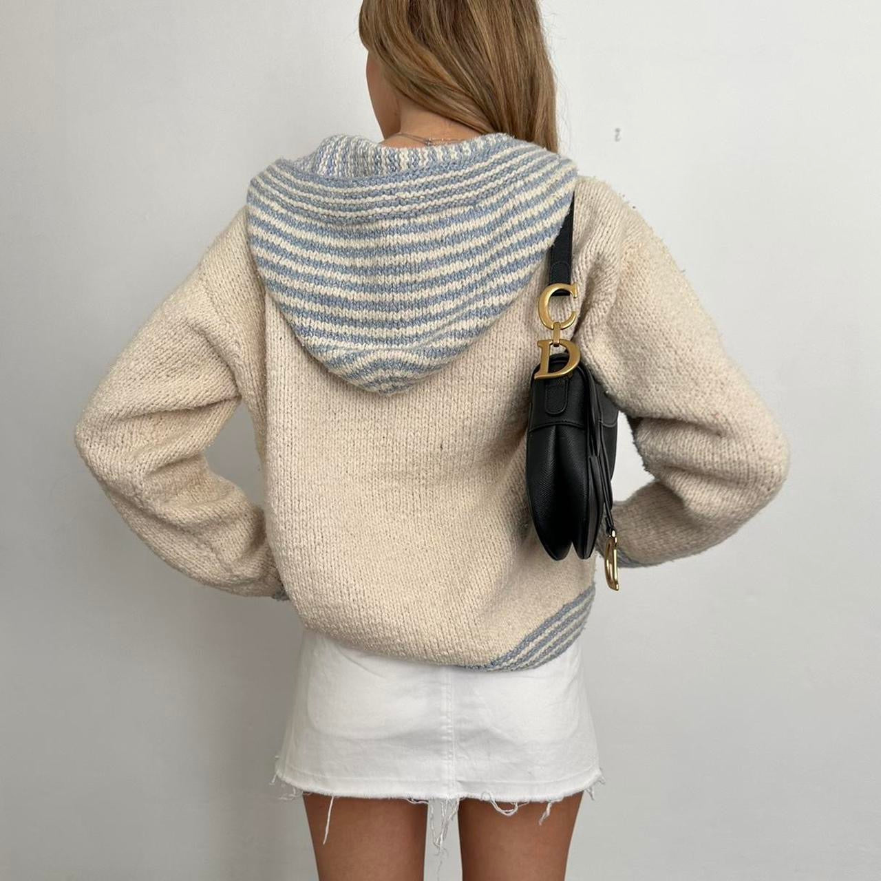 Vintage knitted blue and cream striped zip up jacket