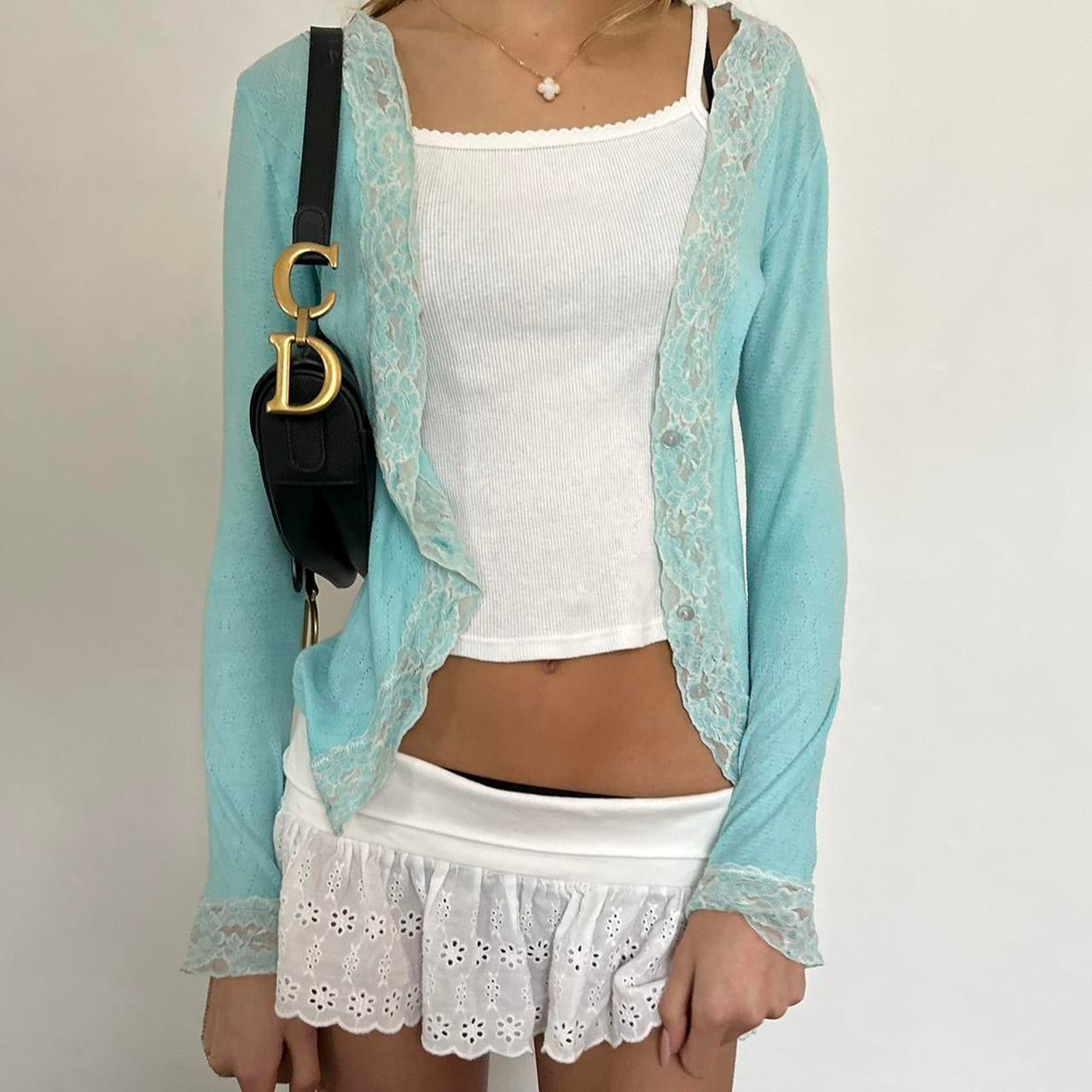 Vintage 90’s aqua blue lace trim cardigan top