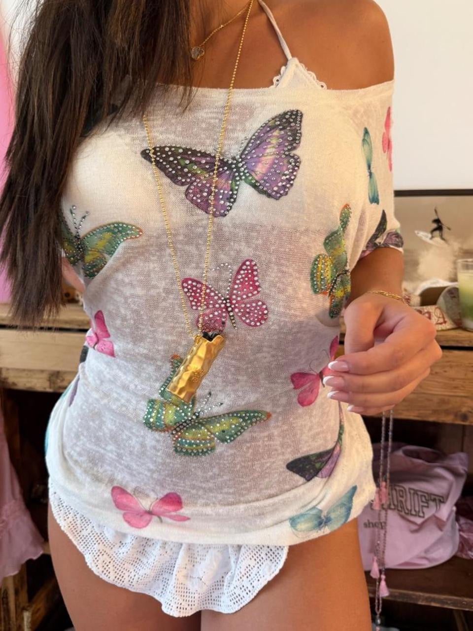 Vintage 00’s butterfly white off shoulder top