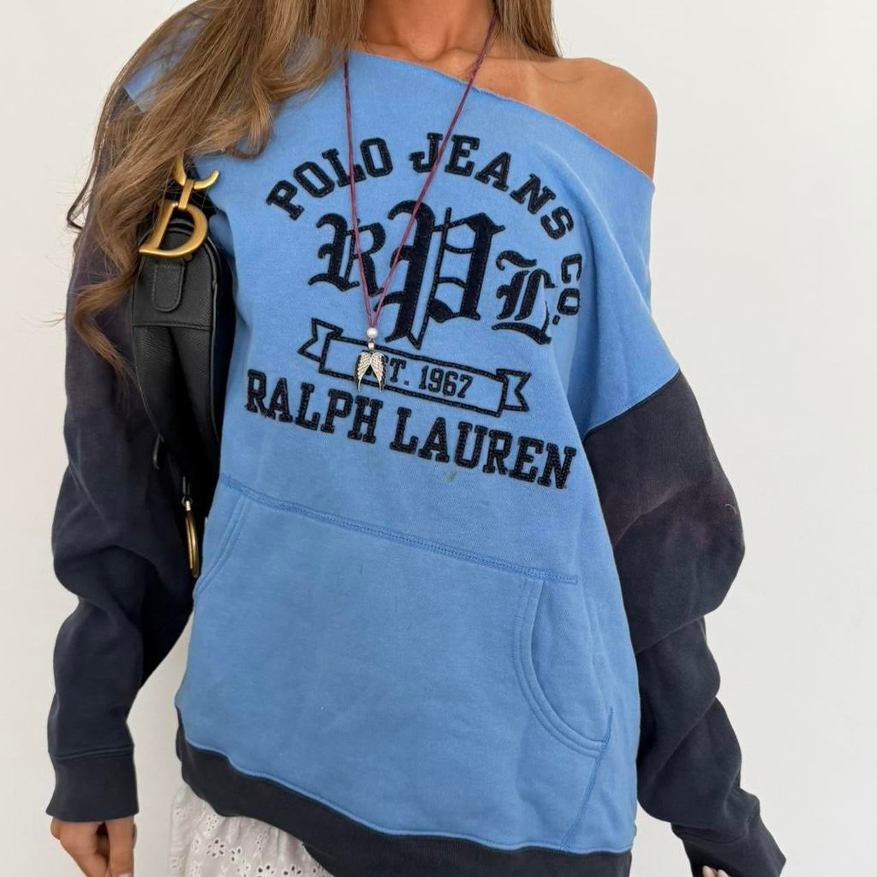 Vintage 90’s Polo Ralph Lauren blue sweatshirt off shoulder