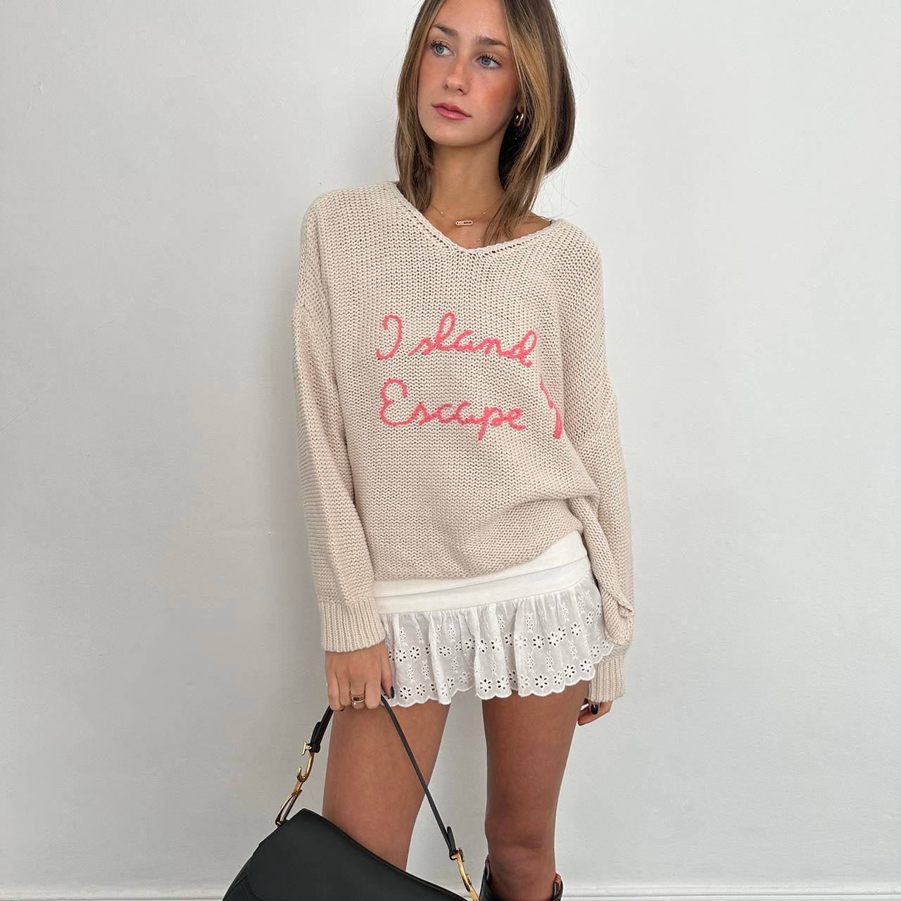 Vintage island escape embroidered knit sweater