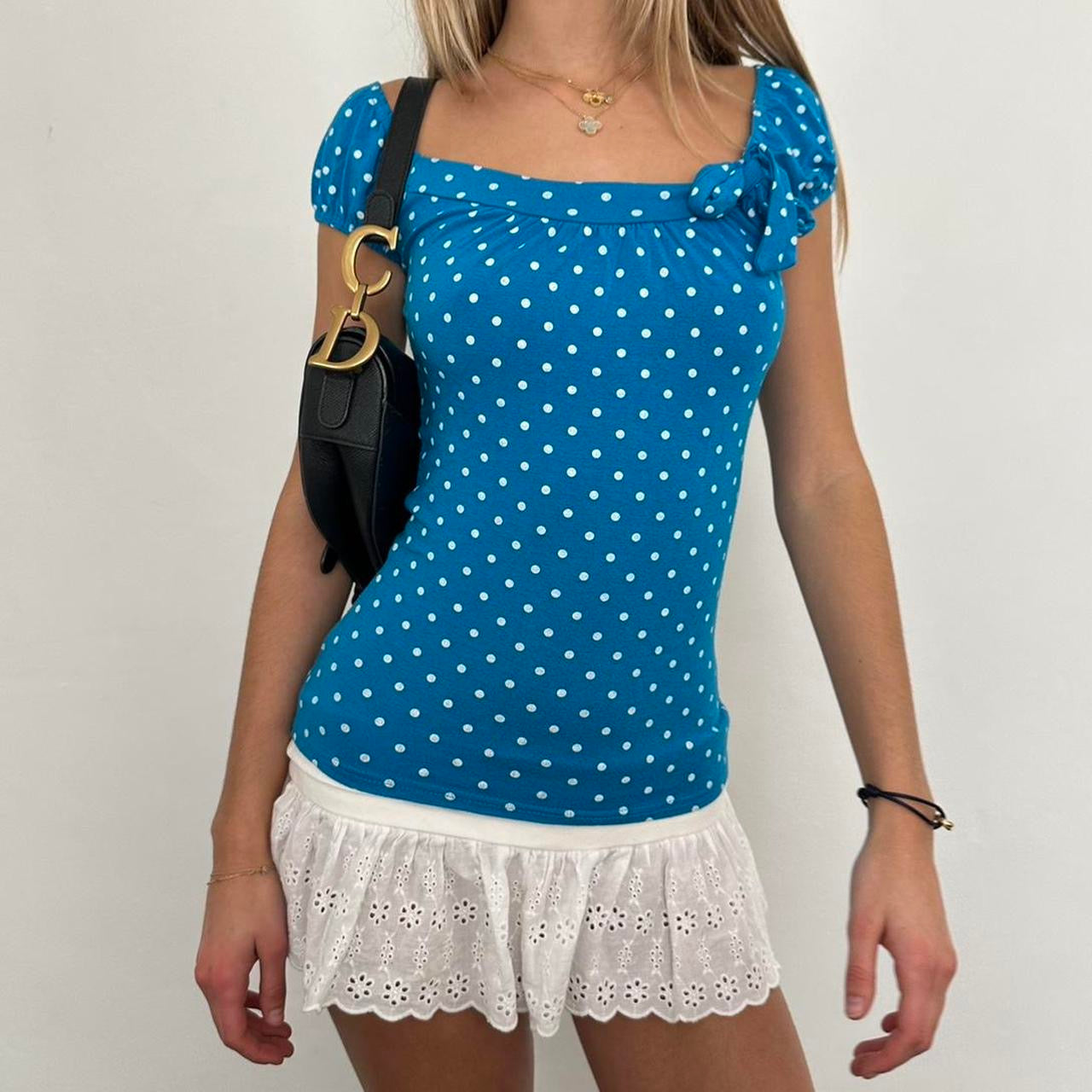 Vintage 2000s blue polka dot babydoll top