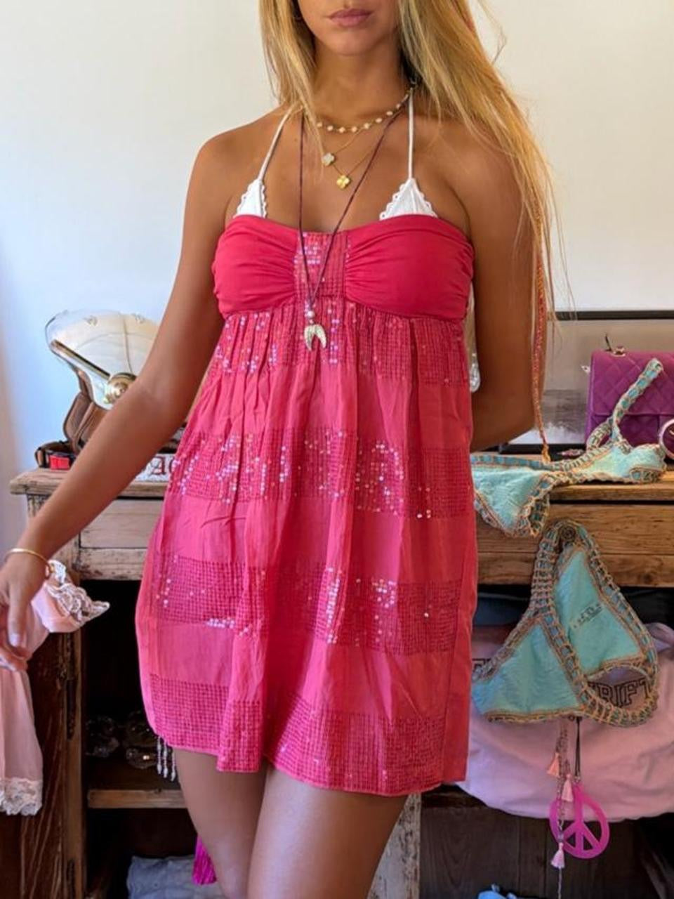 Vintage 00’s pink sequin strapless mini dress