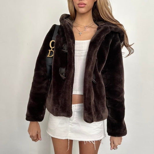 Vintage 2000’s brown hooded faux fur jacket