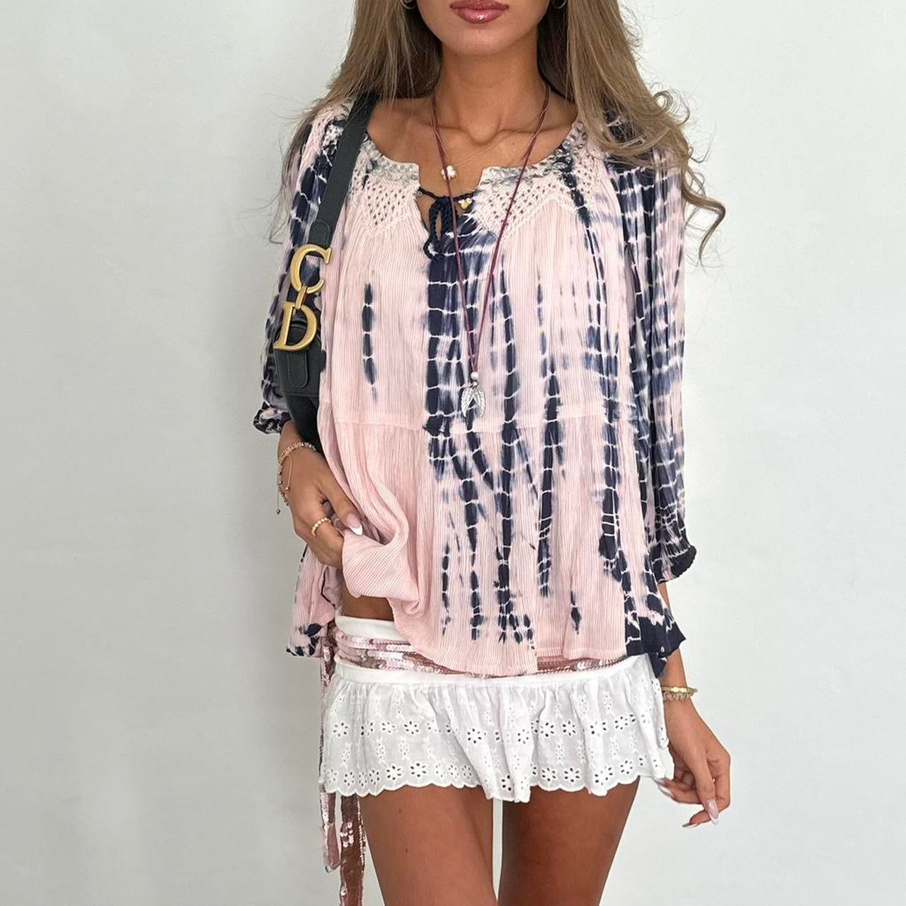 Vintage 00s boho pink and navy blouse
