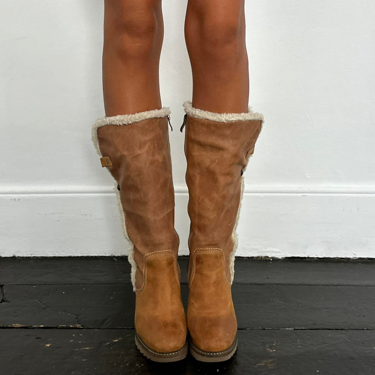 Vintage shearling leather tan heel boots