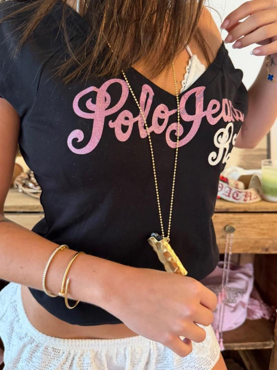 Vintage 00’s Polo Ralph Lauren off shoulder black and pink graphic top