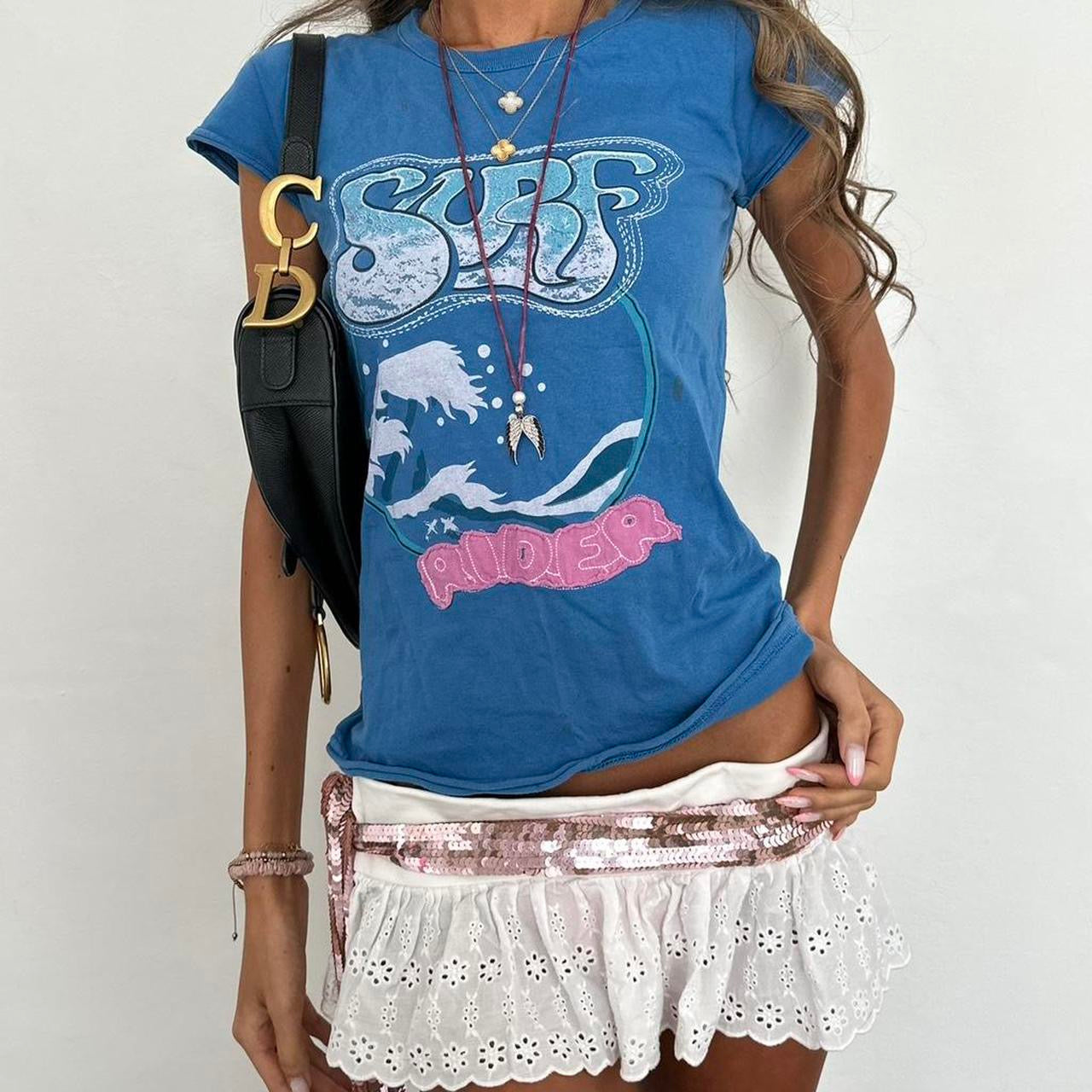 Vintage slogan Surf Rider blue & pink baby tee
