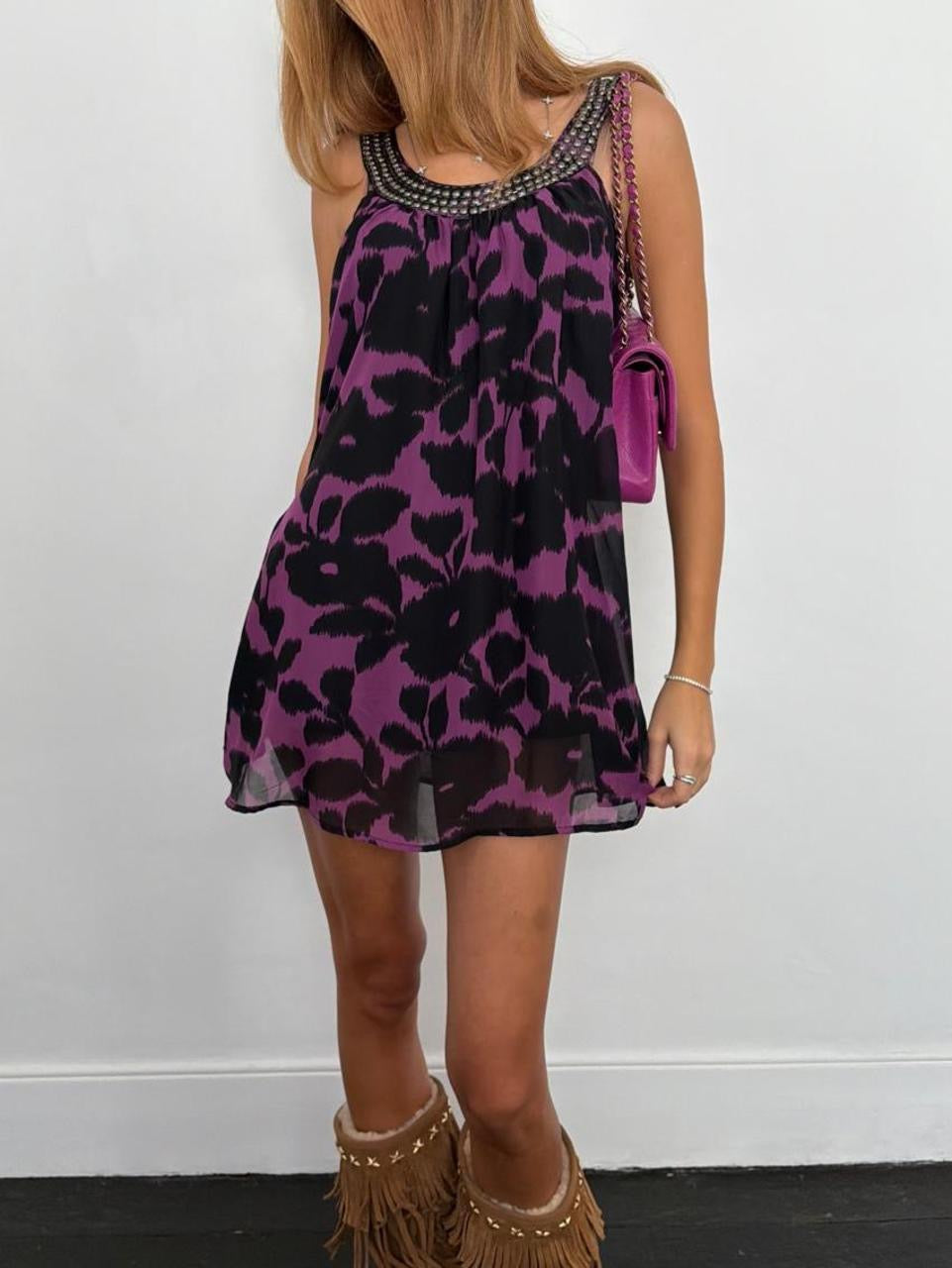 Vintage 00s purple and black black floaty mini dress