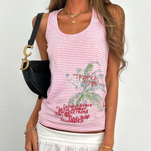 Vintage 2000’s pink striped coconut palm tree cami top