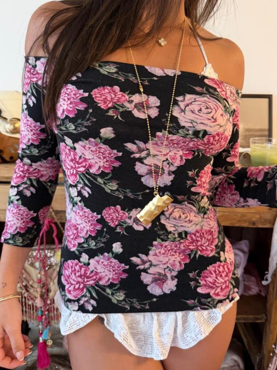 Vintage 00s floral off the shoulder long sleeve top