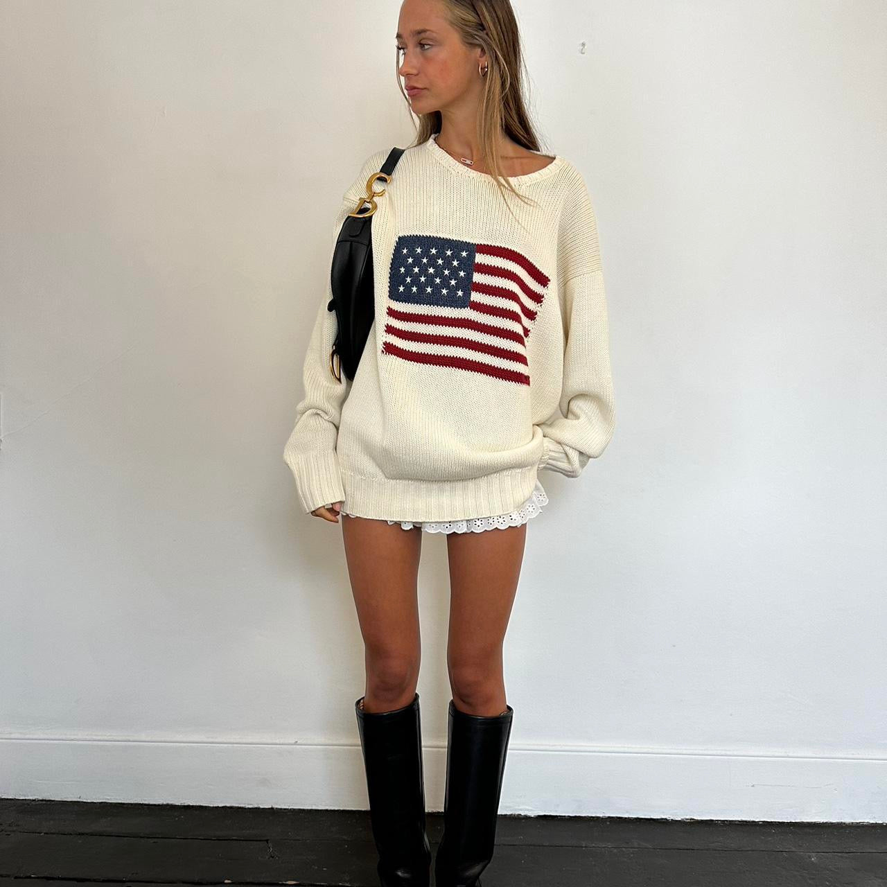 Vintage 90s Ralph Lauren white American flag knitted sweater