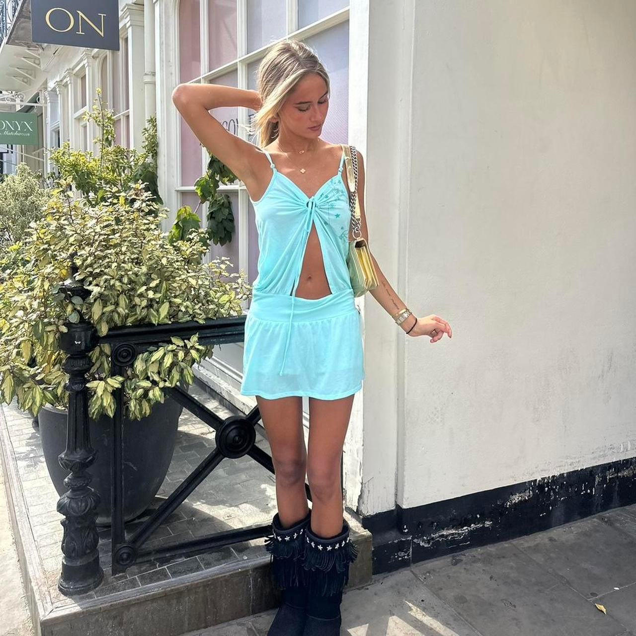 Vintage soft aqua cut out mini dress