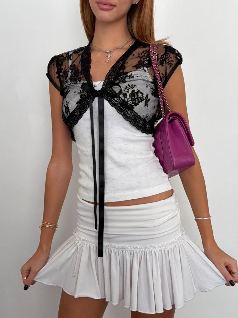 Vintage 00’s black lace ribbon tie top