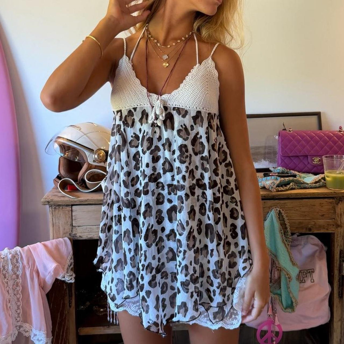 Vintage 00s leopard and crochet boho top