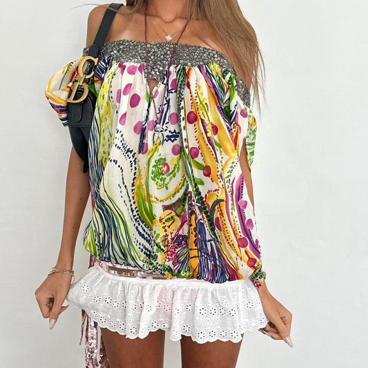 Vintage 00s colourful off the shoulder summer top
