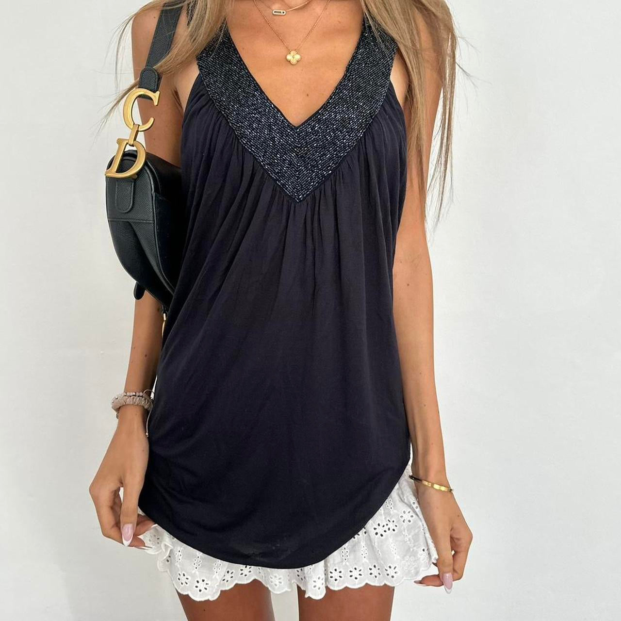 Vintage 2000’s black sequin V neck top