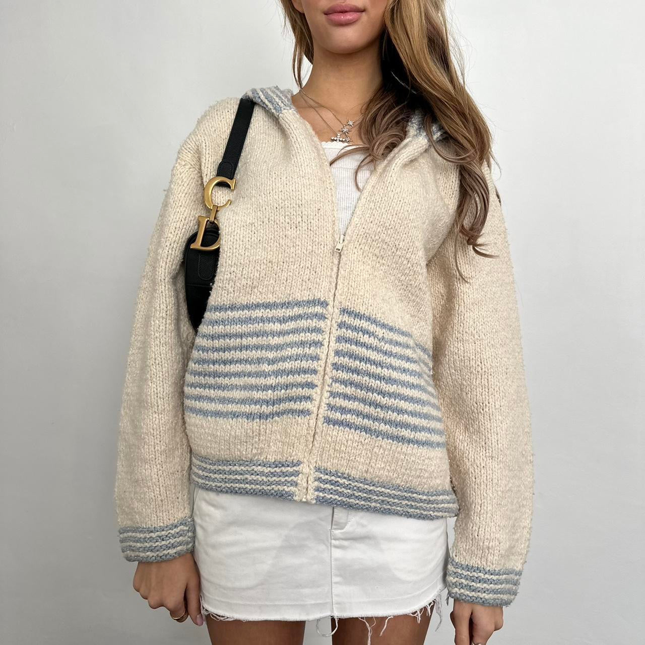 Vintage knitted blue and cream striped zip up jacket