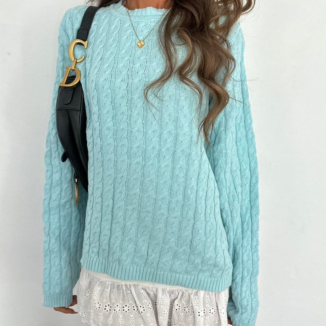 Vintage 2000s aqua blue cable knit sweater