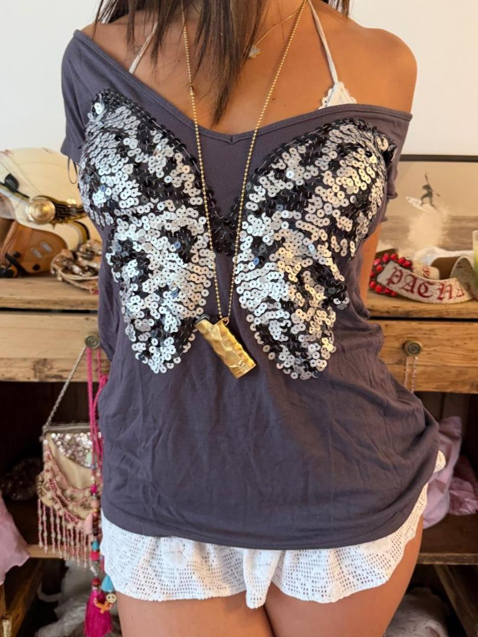Vintage 90’s butterfly off shoulder grey sparkly top