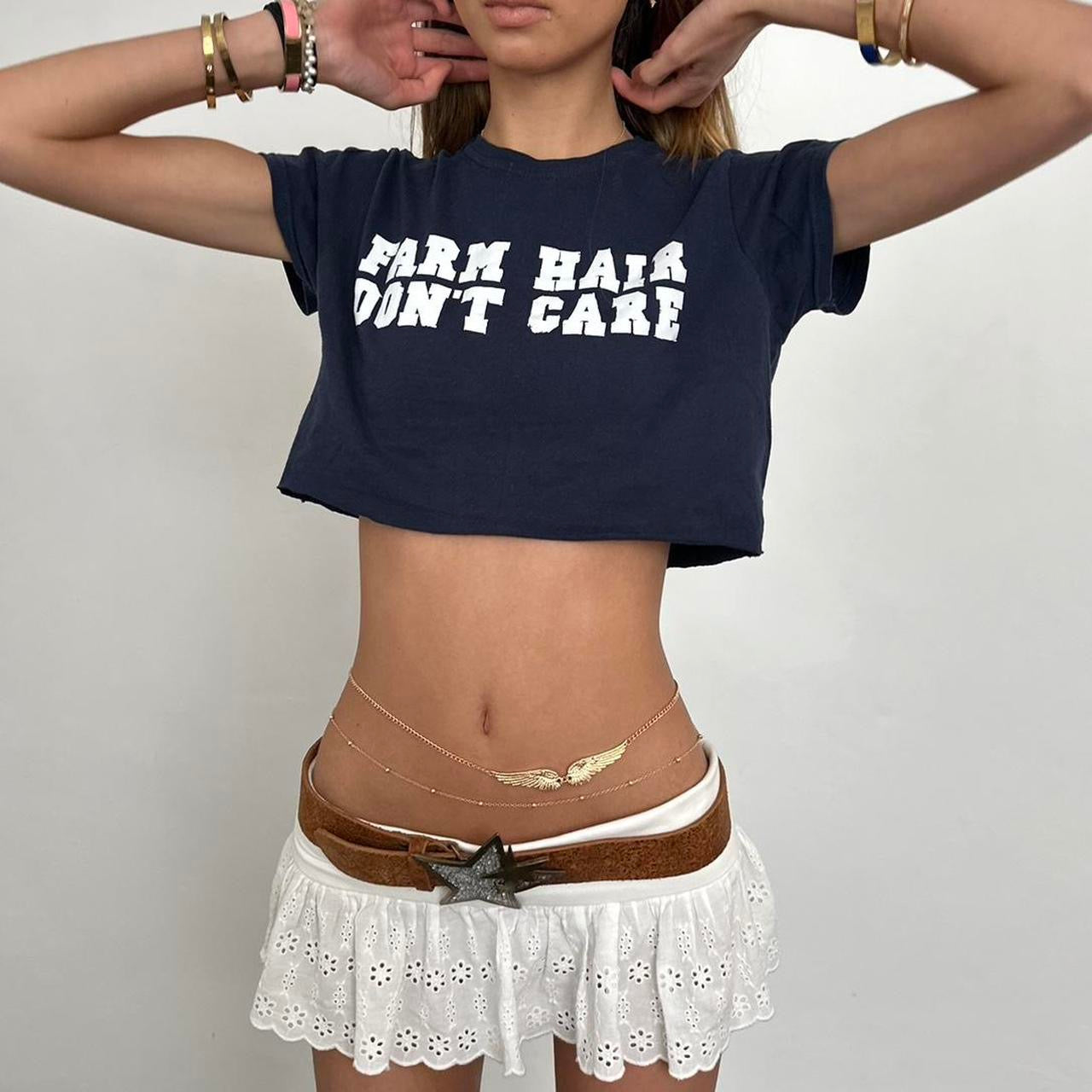 Vintage farm hair don’t care slogan baby tee 🧺🩵🫐