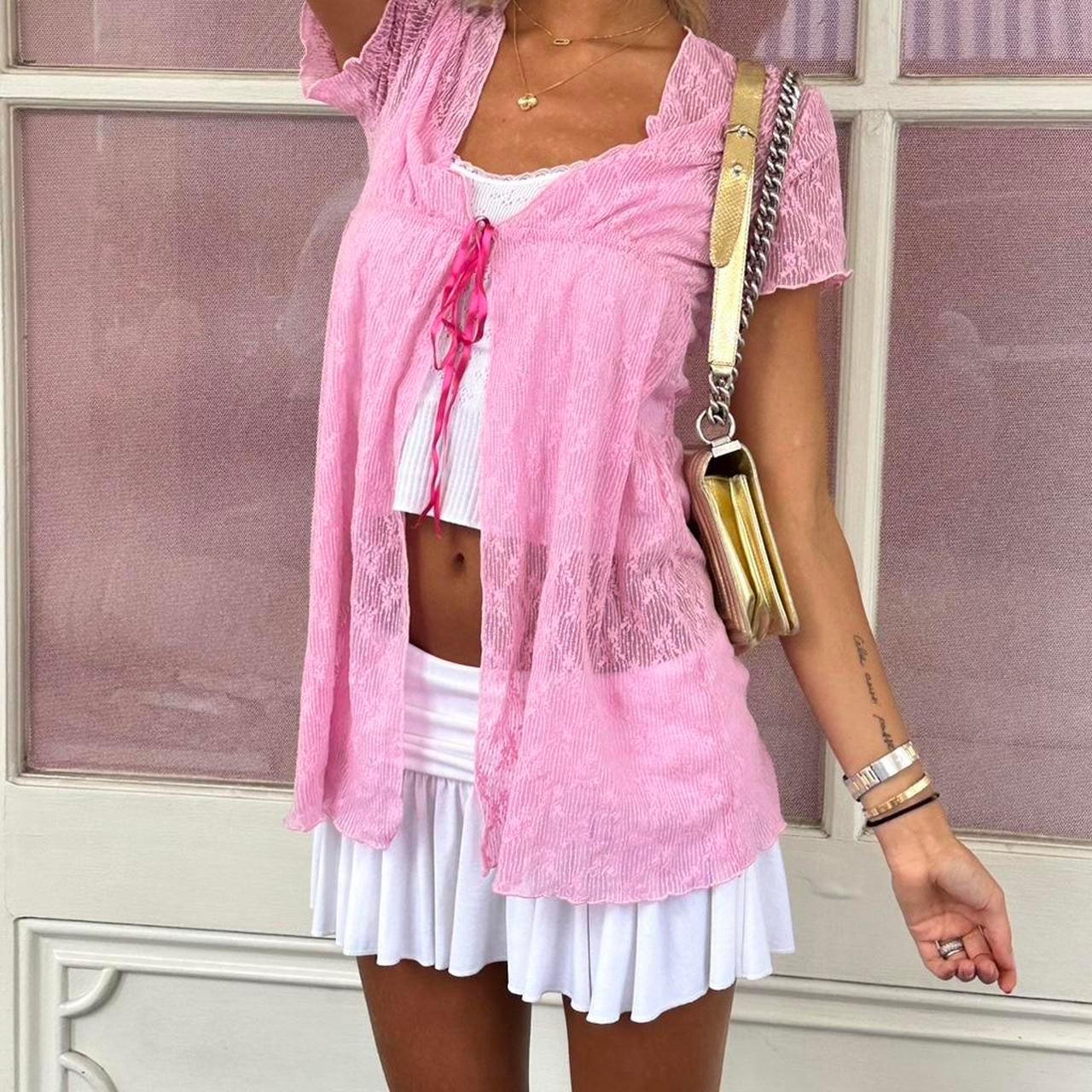 Vintage 90s pink lace babydoll tie up top