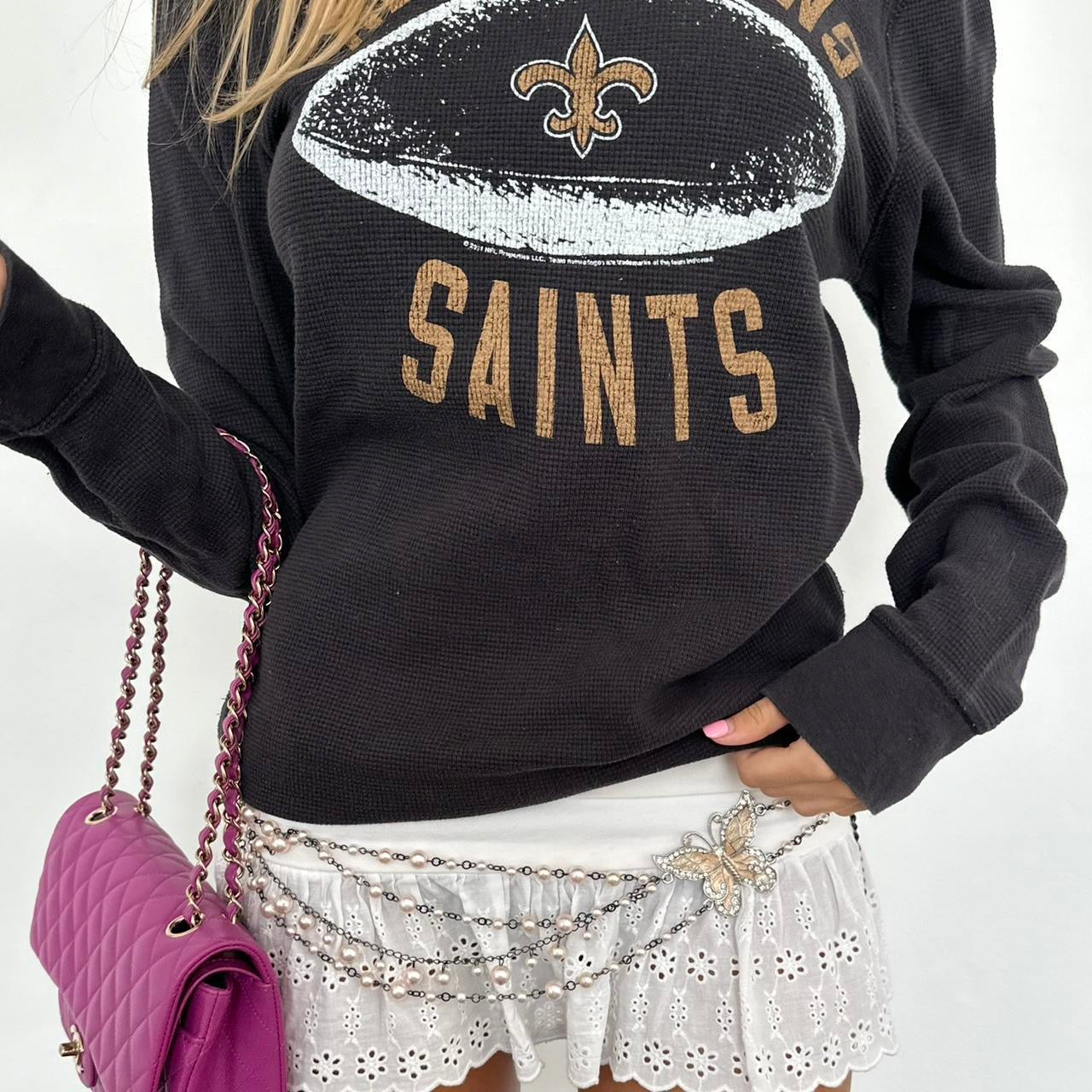 Vintage 2000’s black ‘New Orleans Saints’ off the shoulder waffle long sleeve top