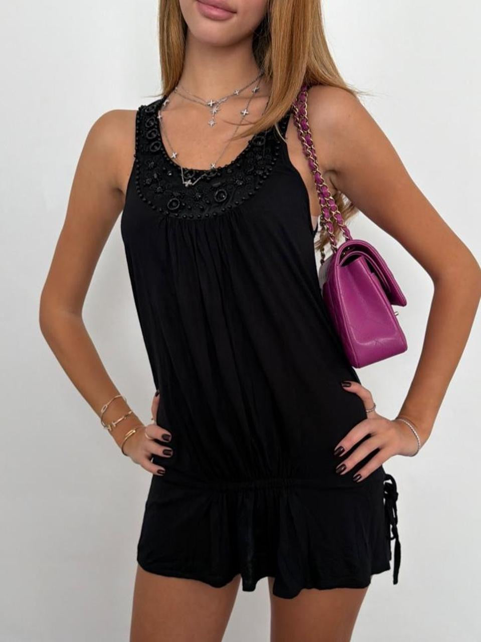 Vintage 00s black embroidered mini dress