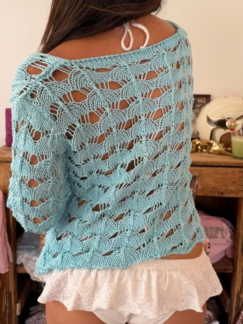 Vintage 00s blue crochet long sleeve cardigan top