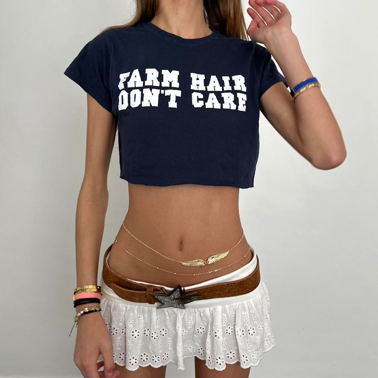 Vintage farm hair don’t care slogan baby tee 🧺🩵🫐