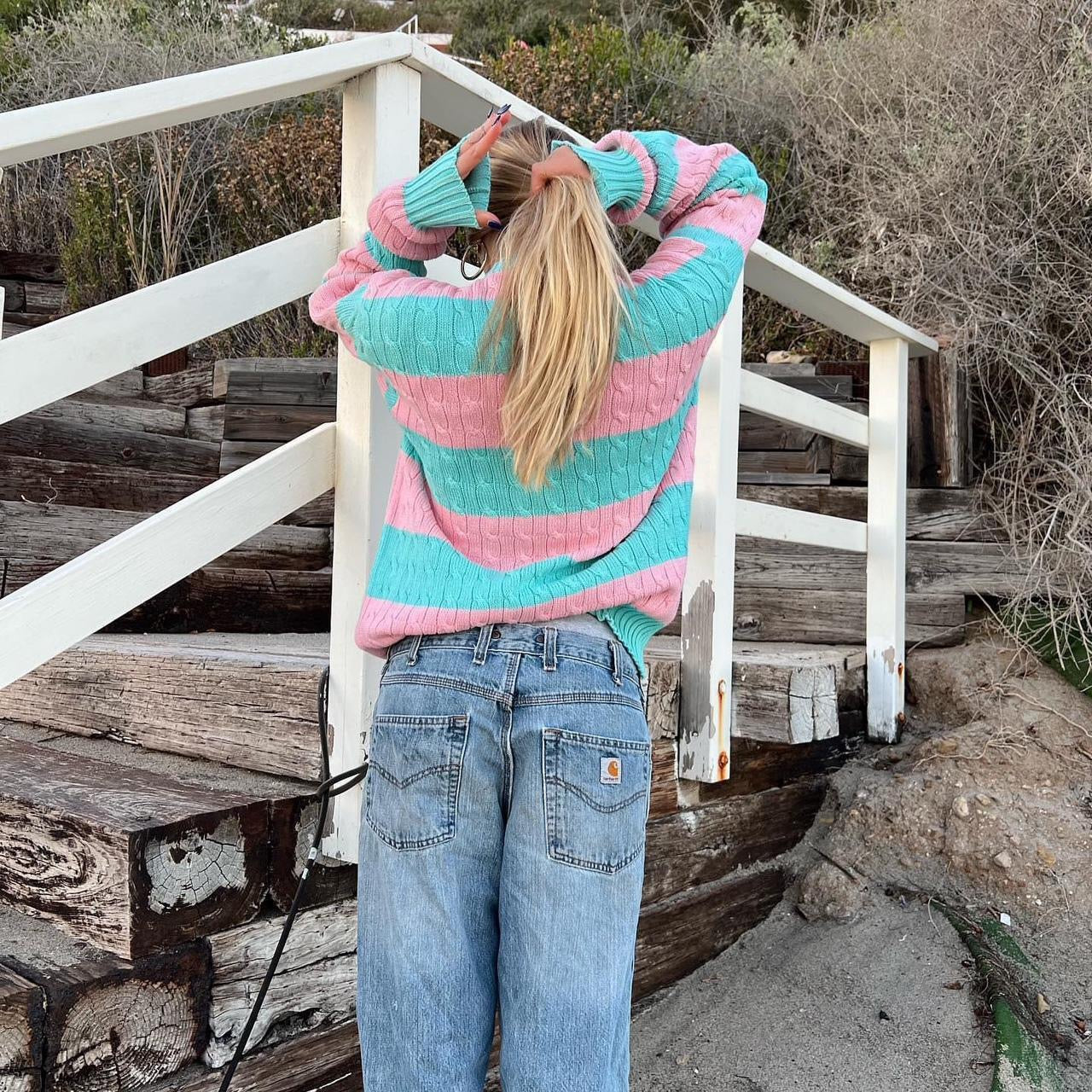 Vintage 90s Ralph Lauren rare pink and turquoise cable knit stripe sweater