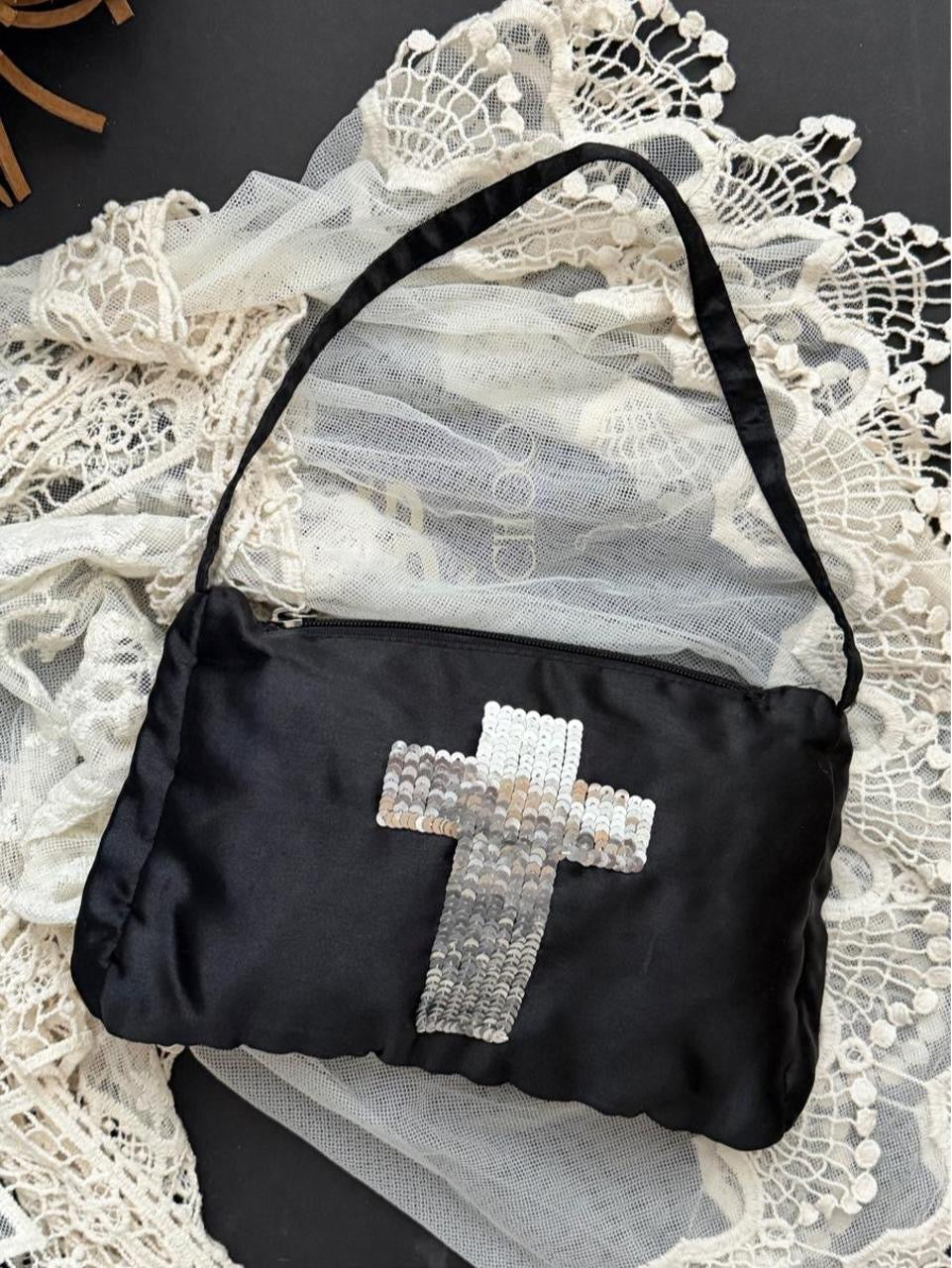 Vintage 2000’s black sequin cross satin bag