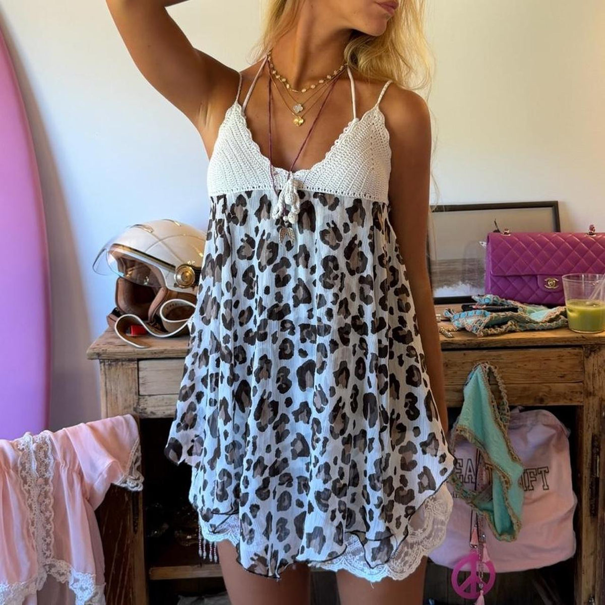 Vintage 00s leopard and crochet boho top