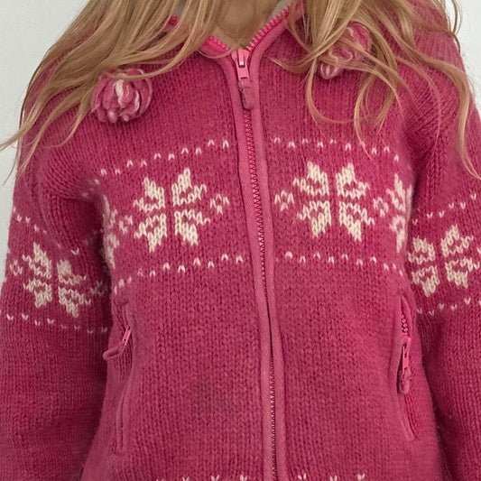 Vintage pink snowflake knit zip up jacket