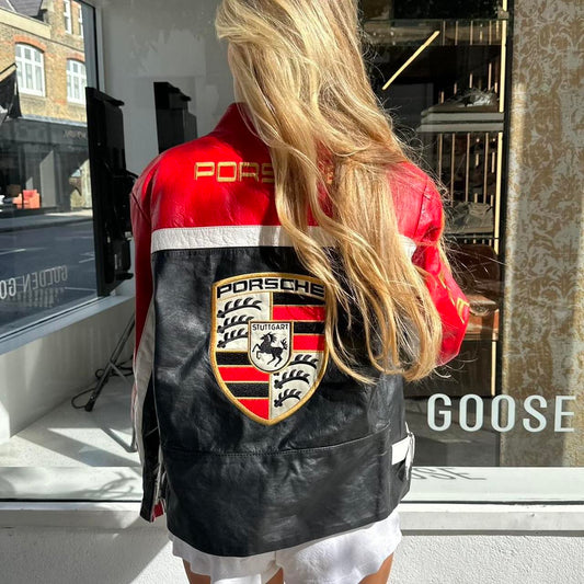 Vintage 90’s Porsche red & black leather jacket