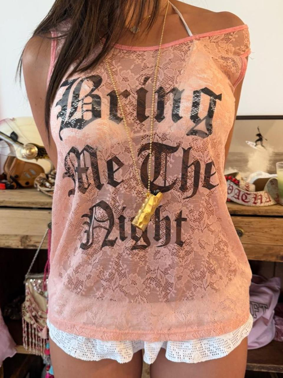 Vintage graphic script ‘Bring Me The Night’ pink tank top