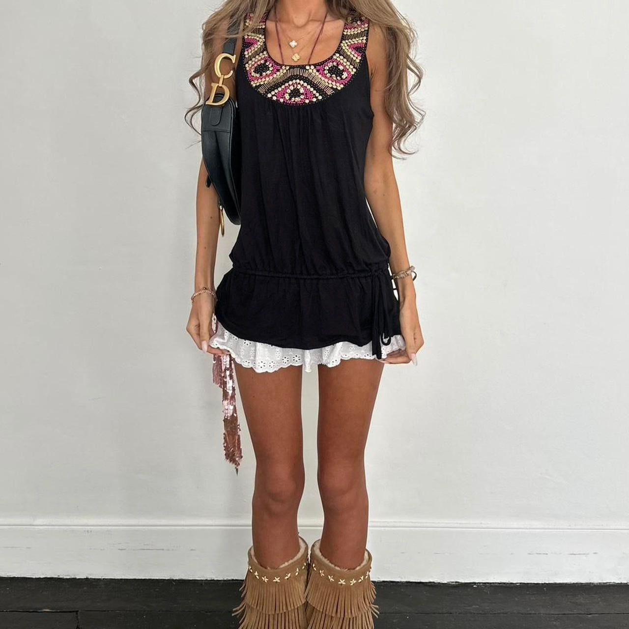 Vintage 00s black and pink beaded boho top