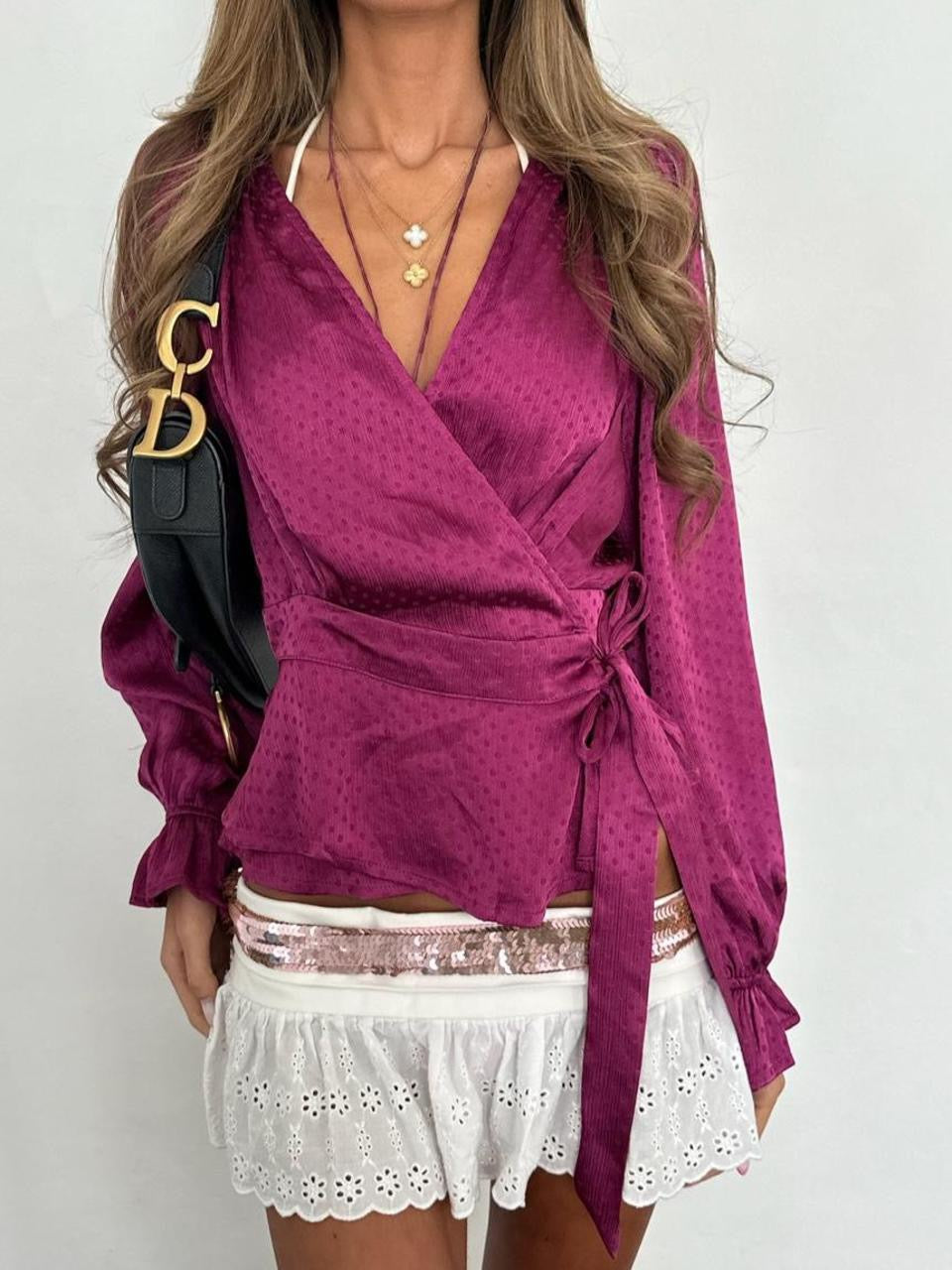 Vintage 00’s pretty long sleeve dark pink wrap up top