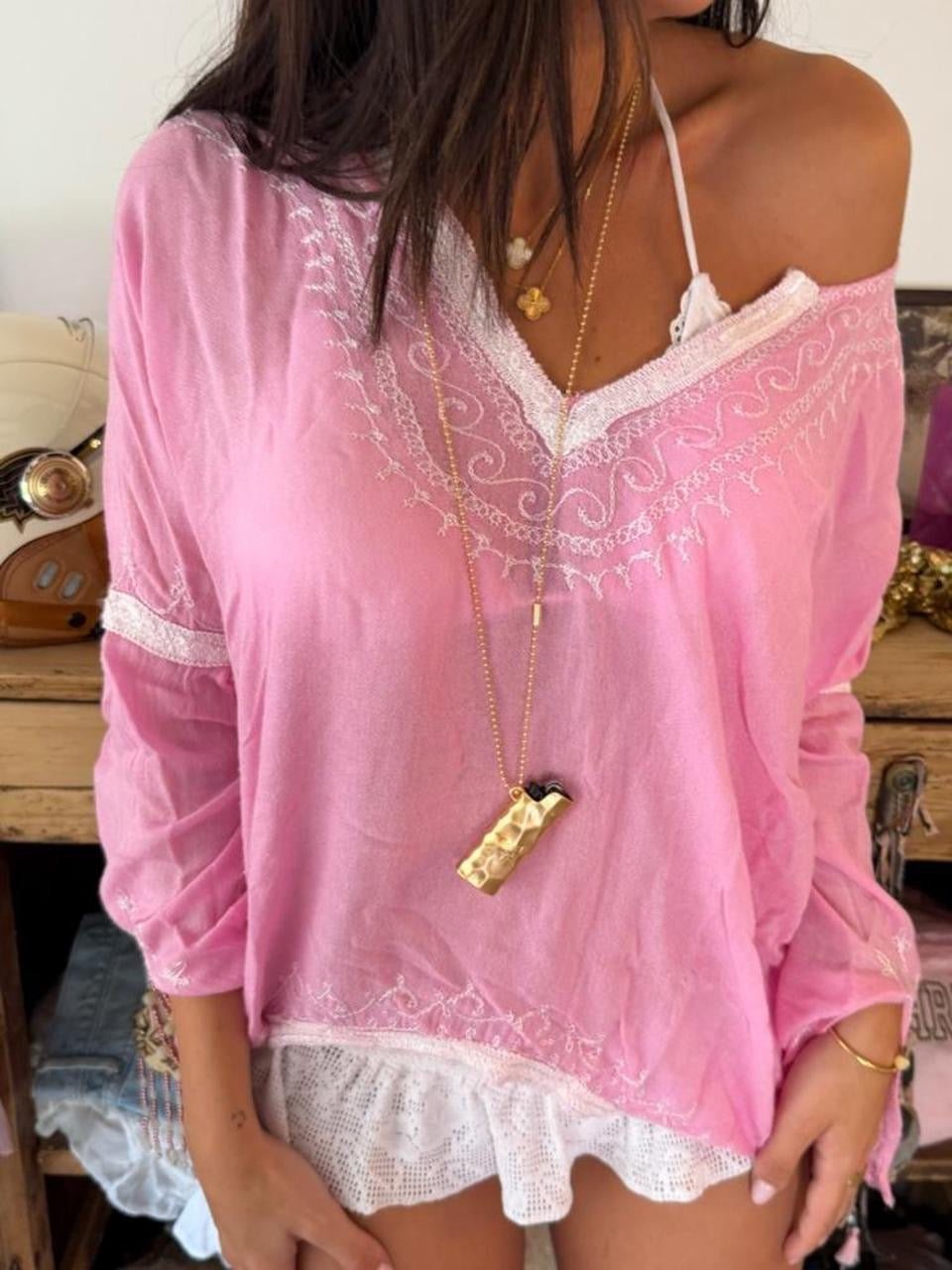 Vintage 00s pink boho long sleeve top
