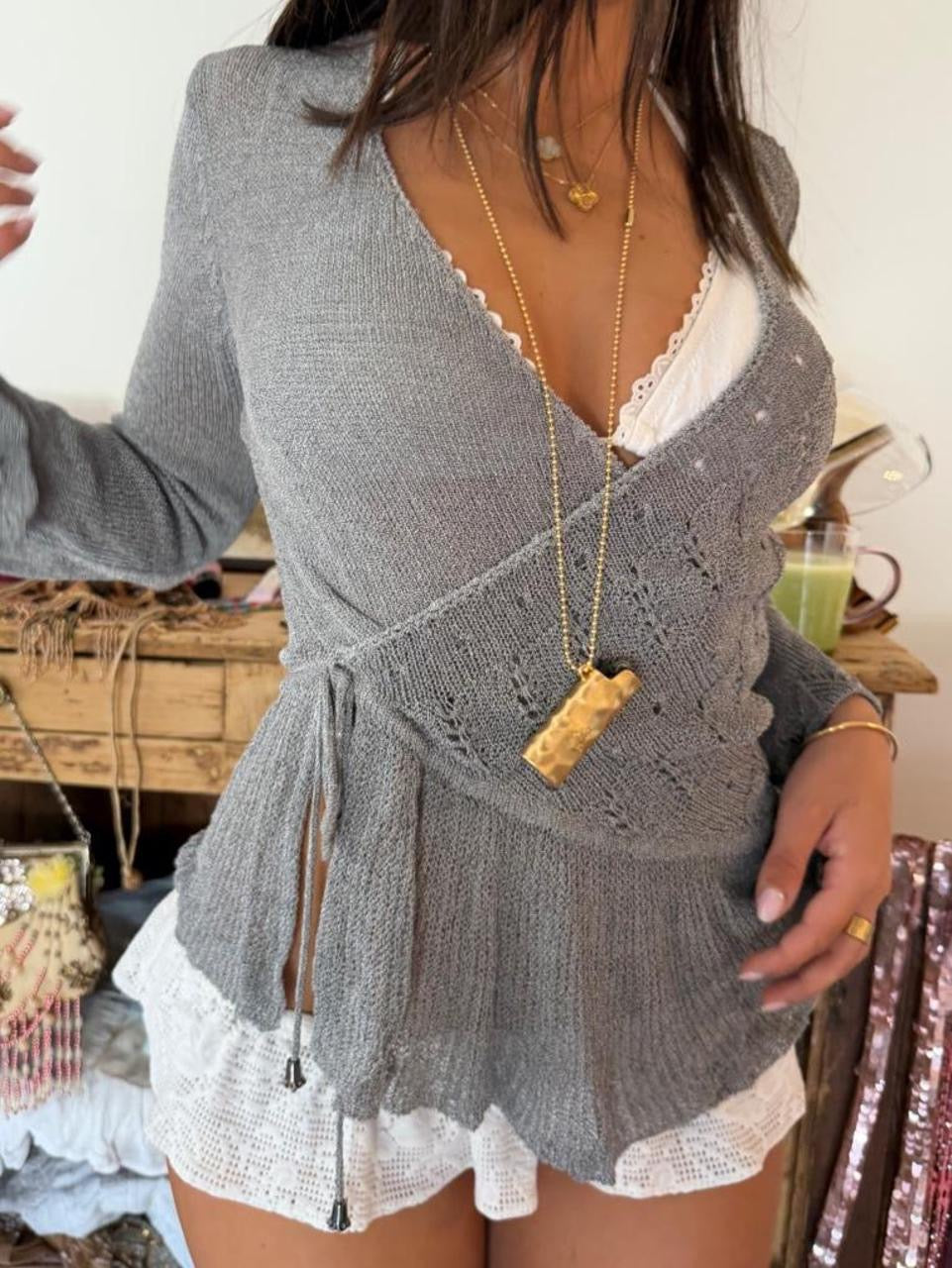Vintage 00s grey knit wrap top