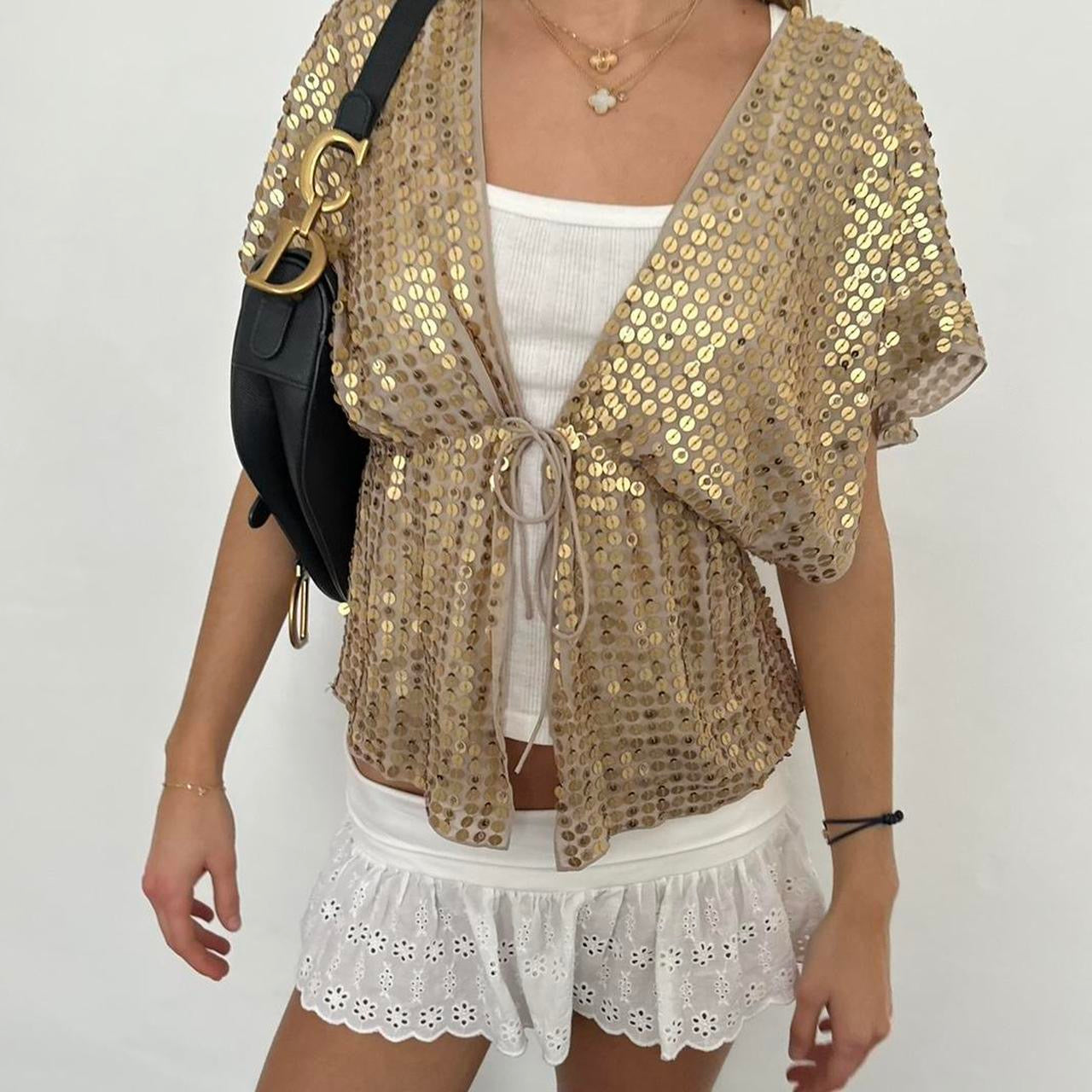 Vintage 90’s tie up gold short sleeve cardigan top