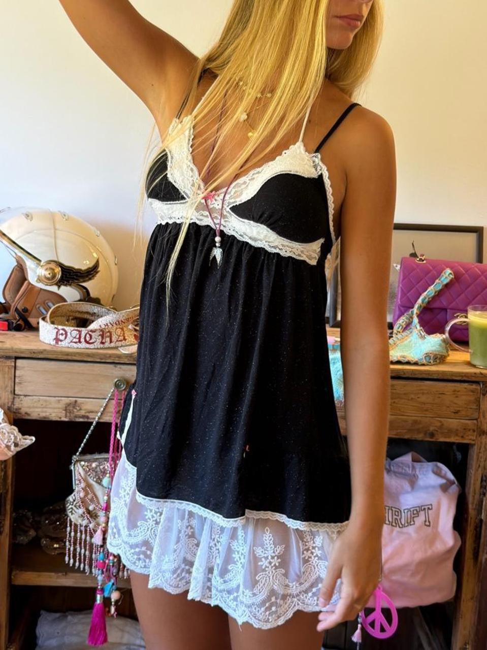Vintage 00’s Victoria’s Secret black lace babydoll top