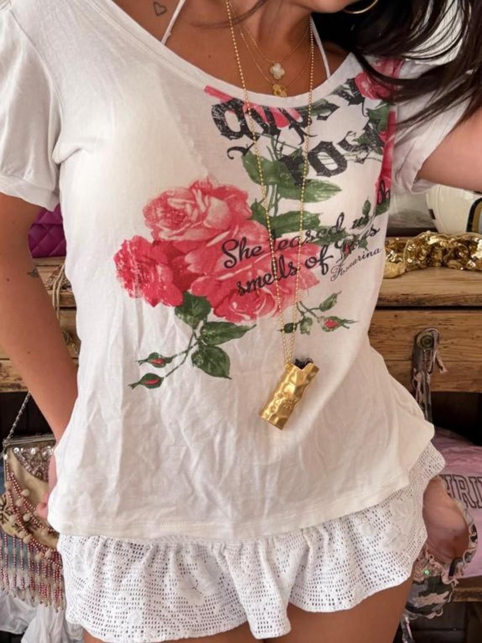 Vintage 00s graphic off shoulder rose top