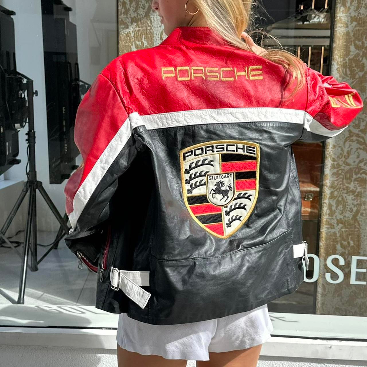 Vintage 90’s Porsche red & black leather jacket