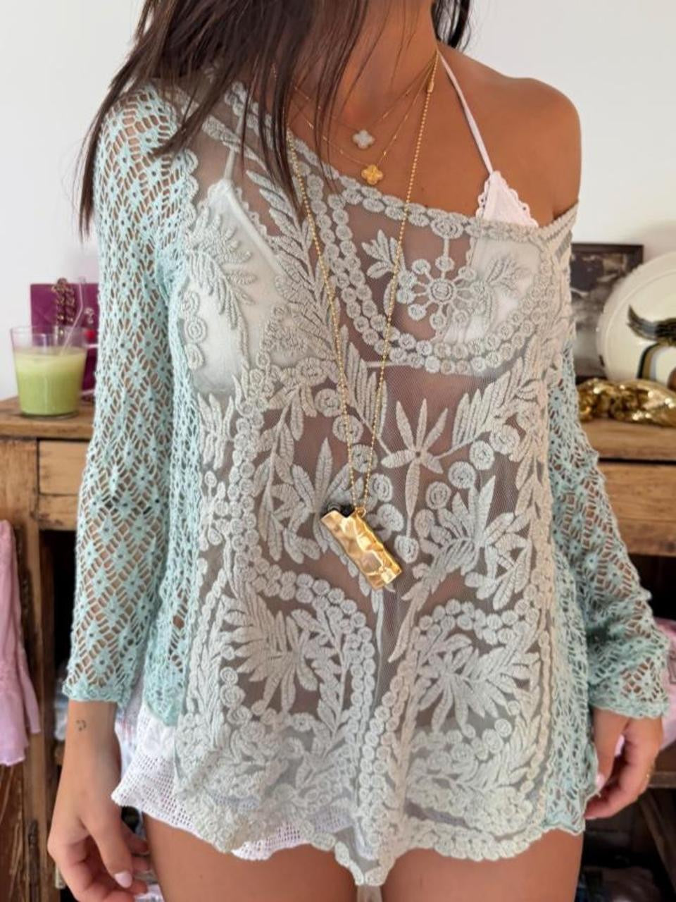 Vintage 00s blue boho lace long sleeve top