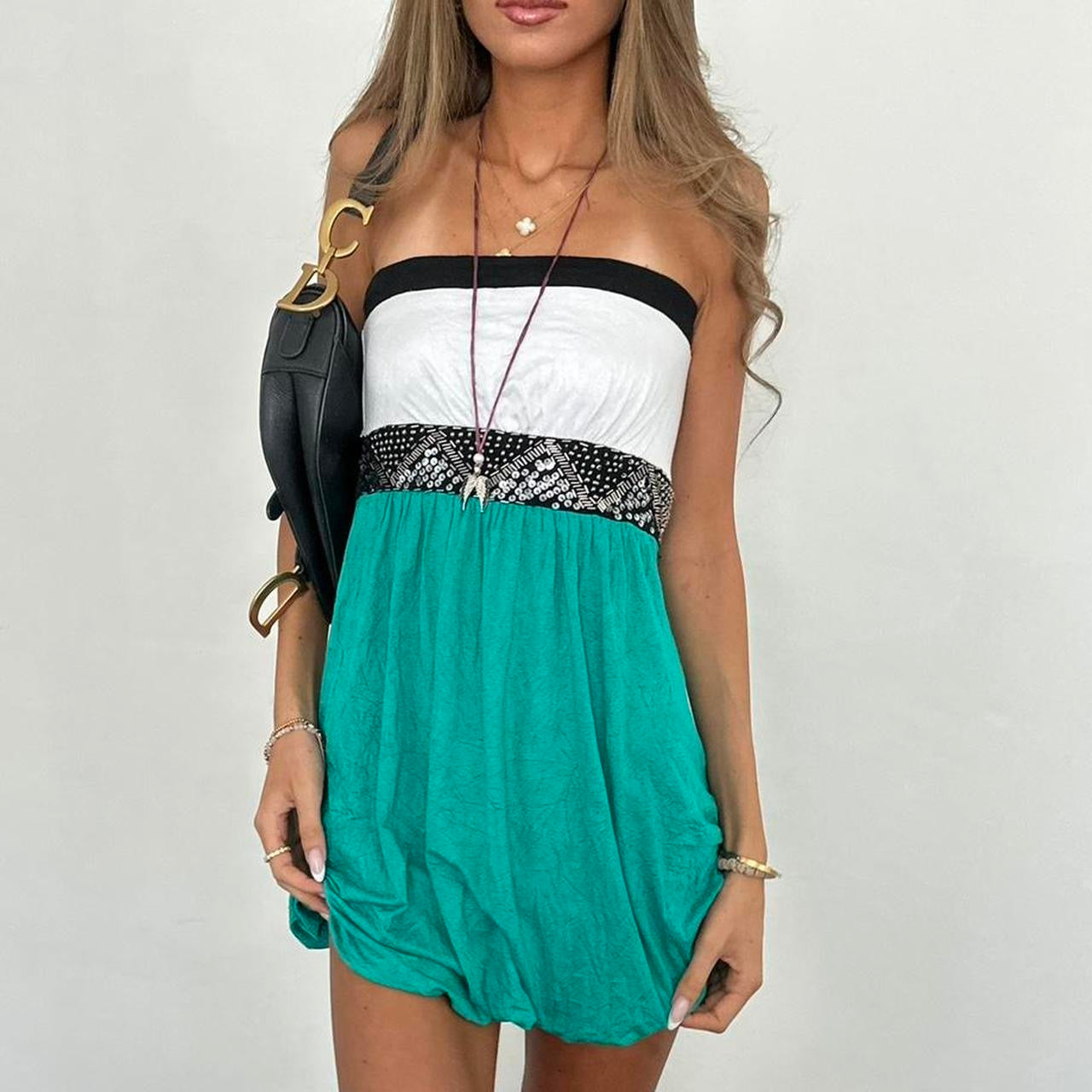 Vintage 00s strapless turquoise boho mini dress