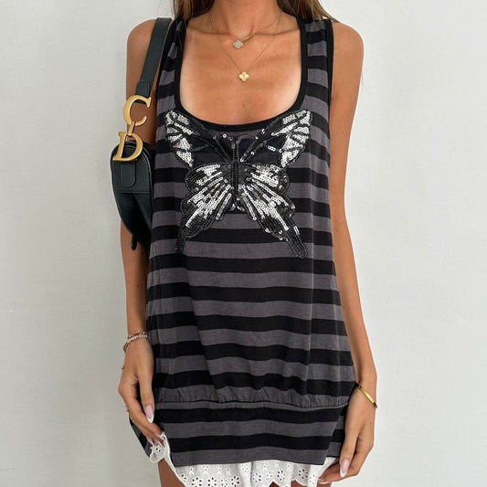 Vintage 00s black and grey stripe butterfly cami top